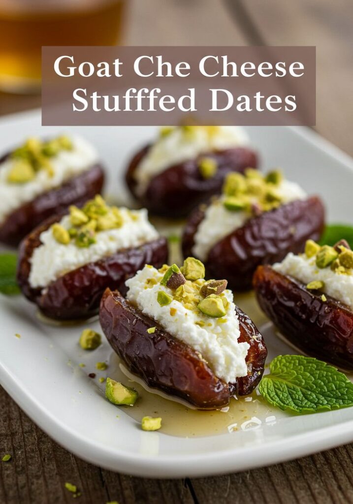 Goat cheese stuffed dates topped with pistachios on a white plate, garnished with fresh mint leaves.