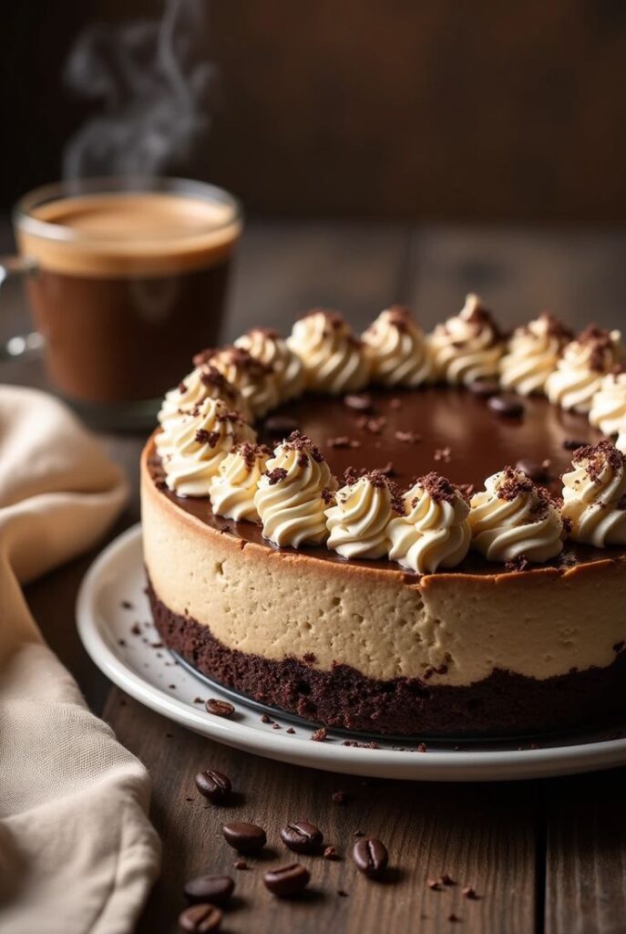 Decadent mocha cheesecake with whipped cream topping on wooden table beside a steaming cup of coffee.