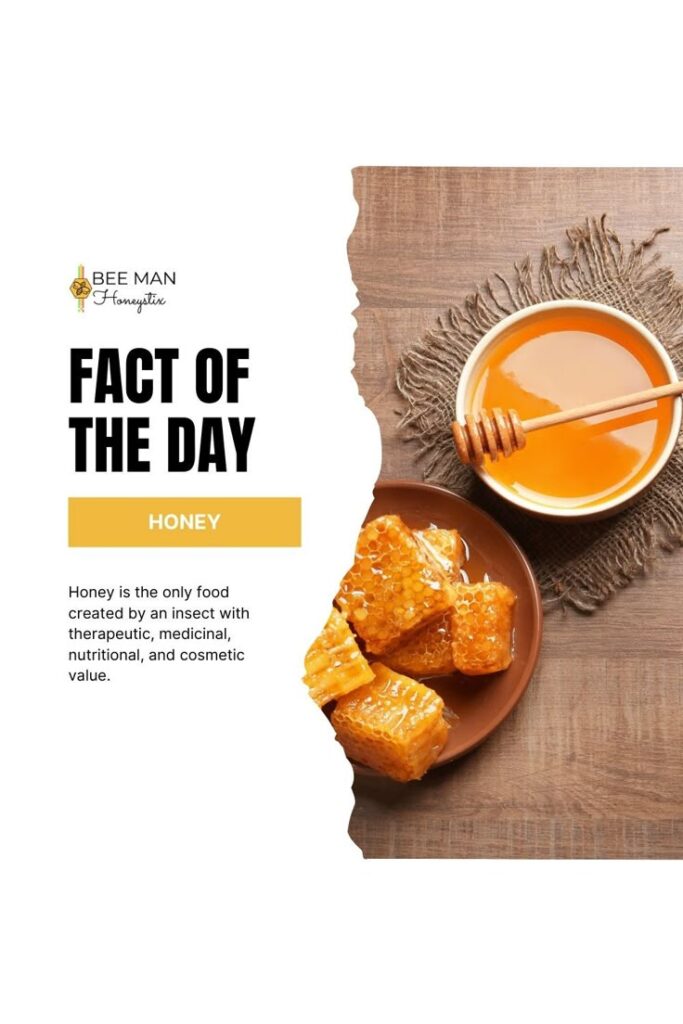 Honeycomb and honey on a wooden surface, featuring a fact about honey's unique therapeutic and nutritional value.