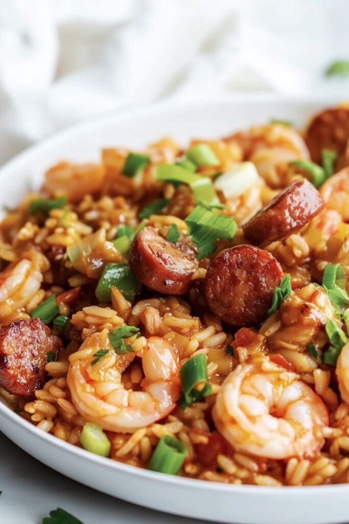 Delicious shrimp and sausage jambalaya garnished with fresh green onions in a white bowl.
