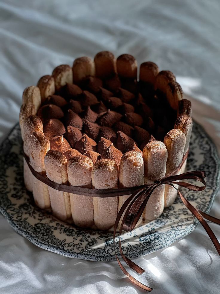 Elegant tiramisu cake with ladyfingers, cocoa topping, and ribbon decoration on a decorative plate. Indulgent dessert.