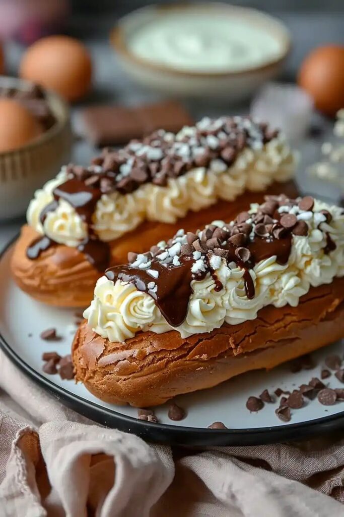 Cream-filled éclairs topped with chocolate sauce and chips on a plate. Perfect dessert for chocolate lovers.