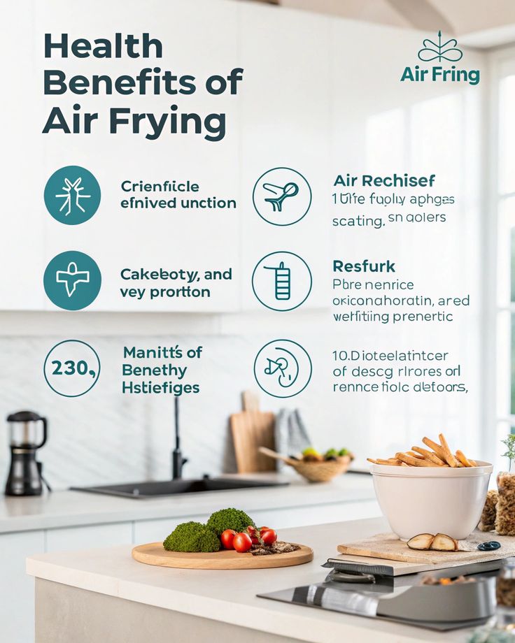 Infographic on health benefits of air frying with icons, modern kitchen, and bowl of fries. Air Fring branding visible.