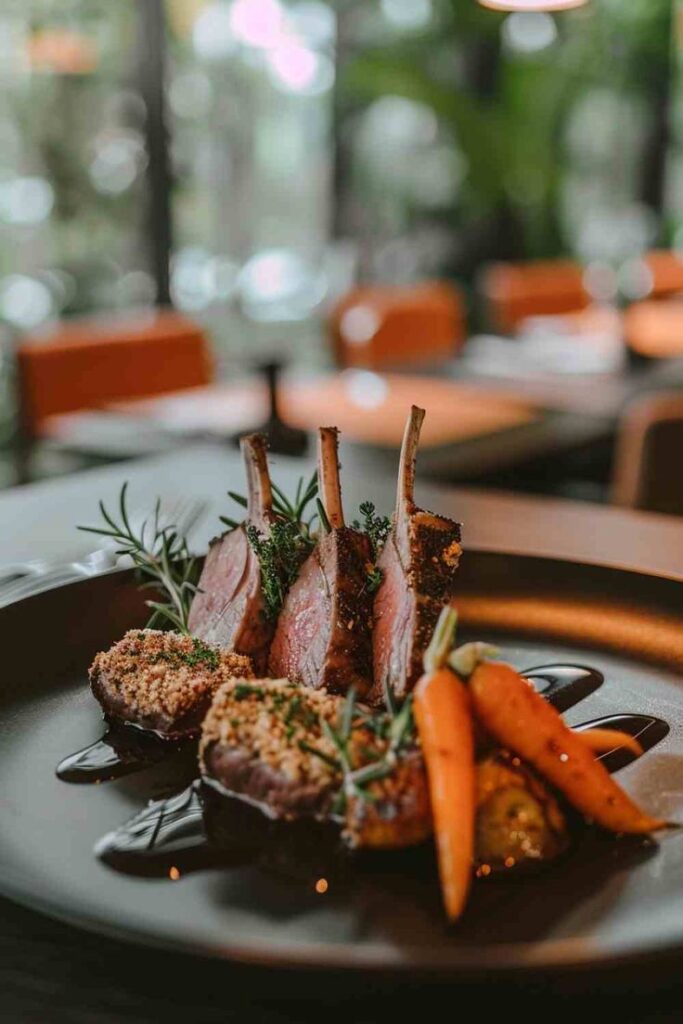 Gourmet rack of lamb with herbs and carrots elegantly plated in a cozy restaurant setting.