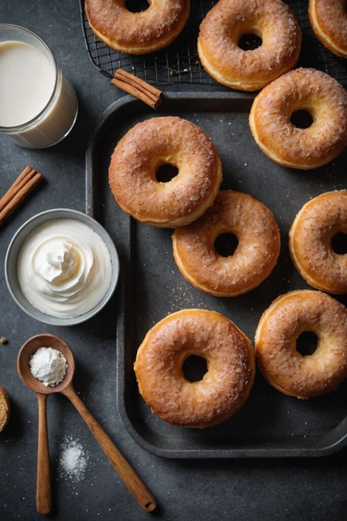 Freshly baked donuts with sugar topping, served with cream and milk, on a baking tray with cinnamon sticks.