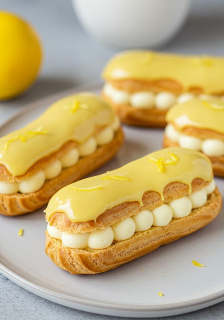 Lemon eclairs with creamy filling and glossy icing on a plate. Delicious dessert for lemon lovers.