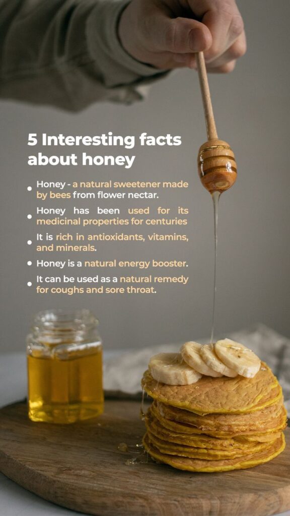 Person drizzles honey over pancakes topped with bananas; facts about honey enhance the scene's educational appeal.