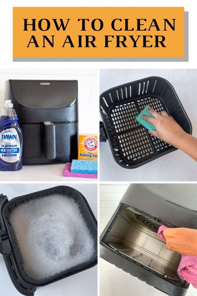 Steps to clean an air fryer using dish soap, baking soda, sponges shown for effective maintenance.