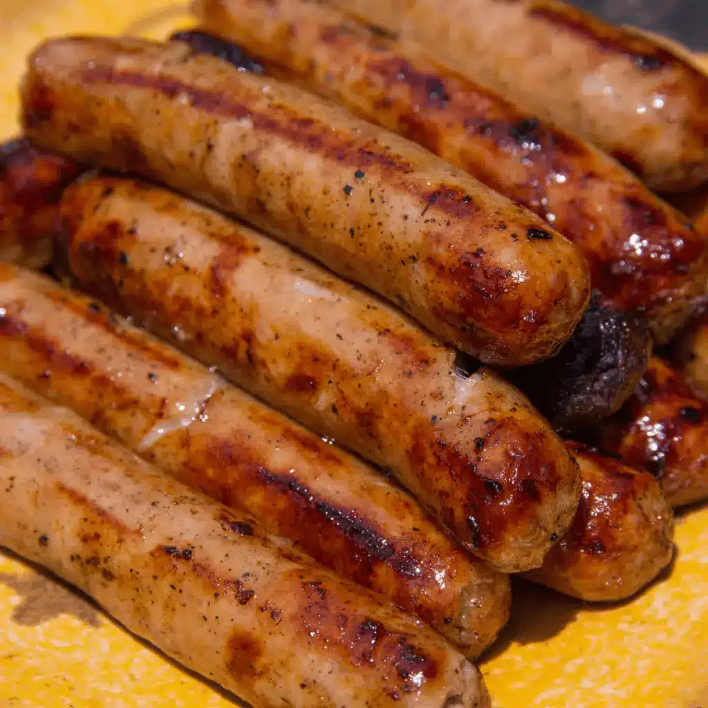 Grilled sausages stacked on a yellow plate, glistening with a juicy, charred exterior, perfect for a barbecue feast.