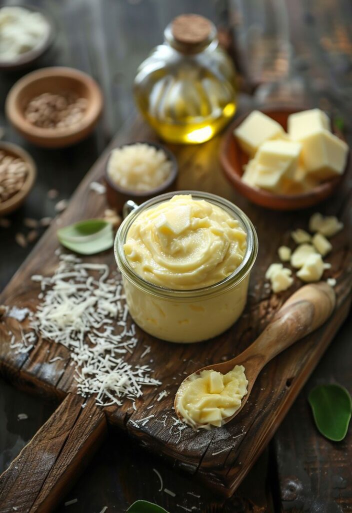Creamy butter in a jar on a rustic board with cheese, oil, and seeds, perfect for cooking inspiration.