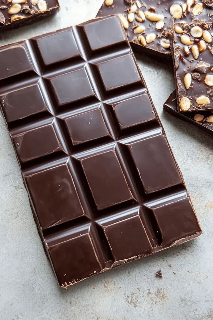 Dark chocolate bar and nut-studded chocolate on a gray surface, highlighting gourmet treats.