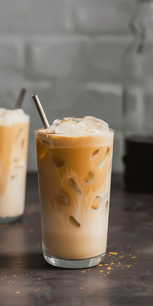 Iced coffee with milk and metal straw on dark table, perfect refreshment on a hot day.