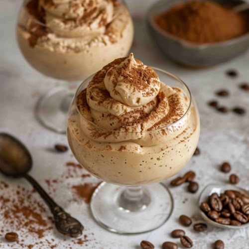 Creamy coffee mousse in a glass, topped with cocoa powder, surrounded by coffee beans and a spoon.