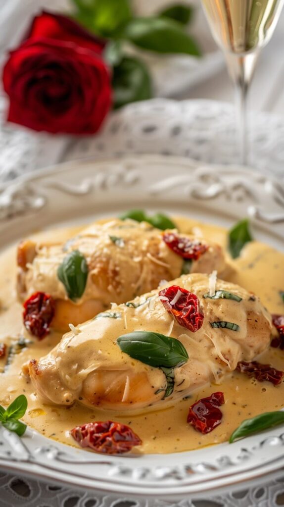 Creamy chicken with sun-dried tomatoes and basil, elegantly served on a decorative plate with a rose and wine.