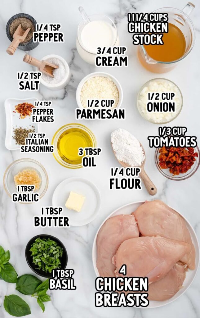 Ingredients for creamy chicken recipe: chicken breasts, stock, cream, parmesan, tomatoes, onion, spices, and herbs.