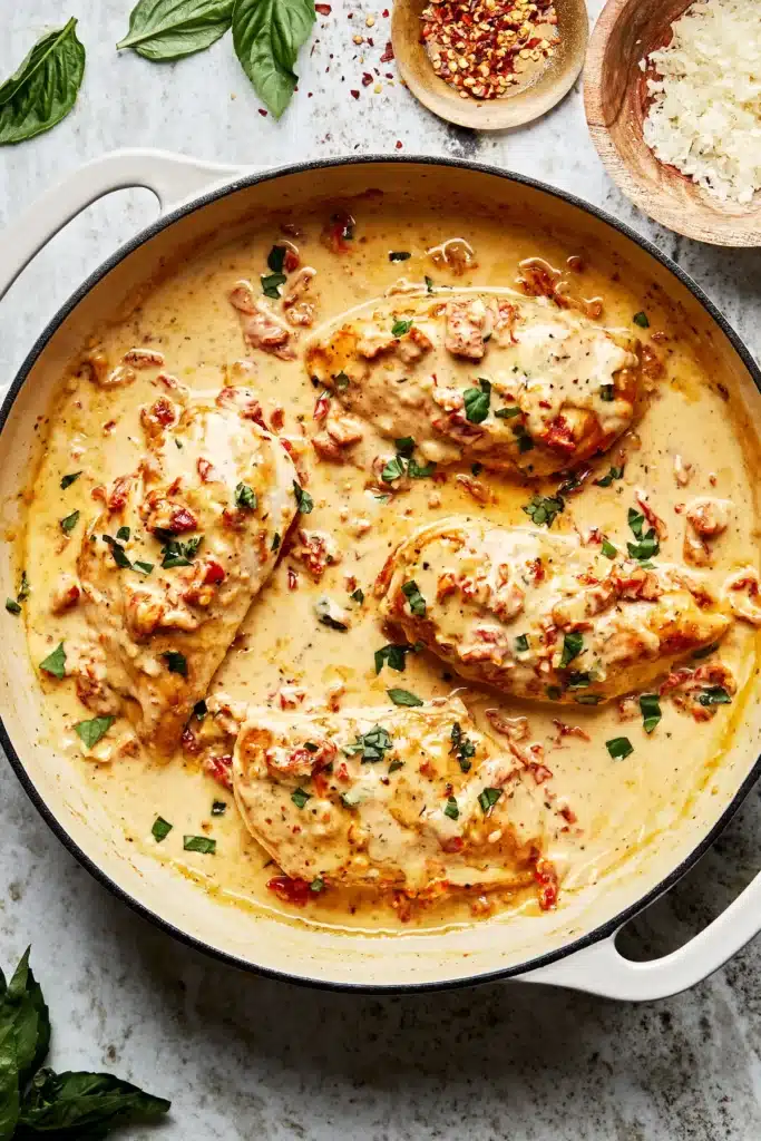 MarryMeChicken_6 - Marry Me Chicken : Easy, Creamy, and Delicious Meal Creamy Tuscan chicken in skillet with sun-dried tomatoes, basil, and parmesan sauce, garnished with fresh herbs.