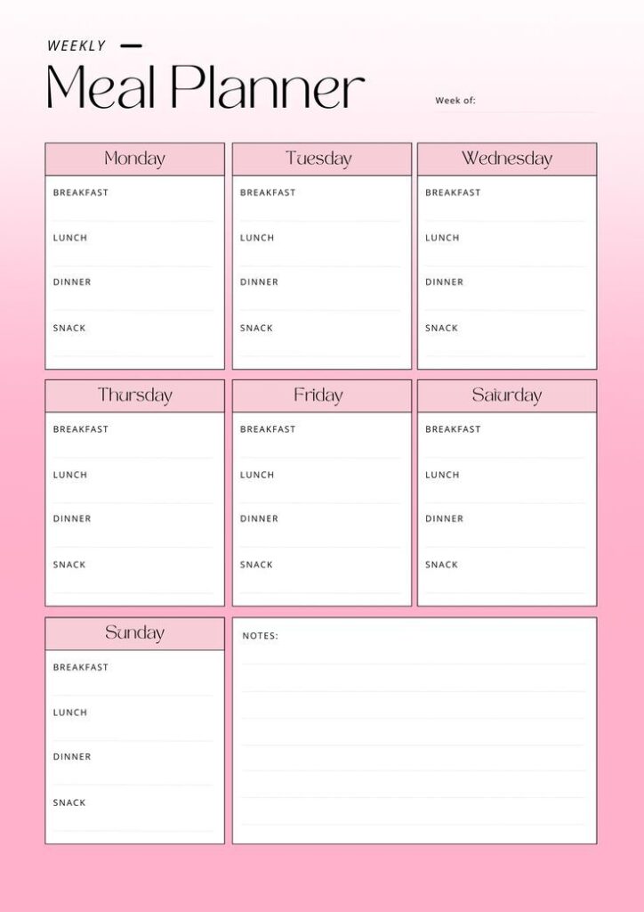 Weekly meal planner template with sections for breakfast, lunch, dinner, and snacks from Monday to Sunday.