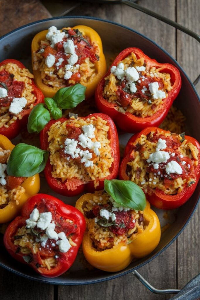 Colorful stuffed peppers with rice, topped with crumbled cheese and fresh basil in a pan. Perfect for a healthy meal!
