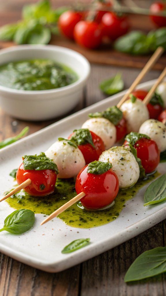 Caprese skewers with cherry tomatoes, mozzarella, and basil pesto on a white plate.