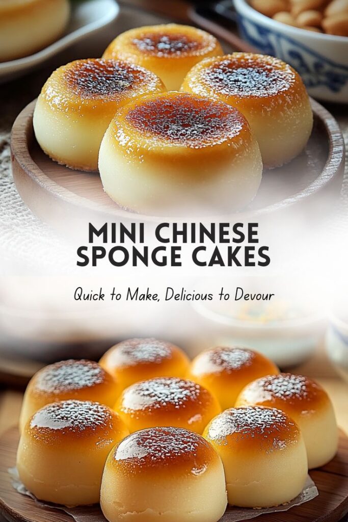 Delicious mini Chinese sponge cakes with golden tops on a wooden plate, quick to make and perfect for dessert.