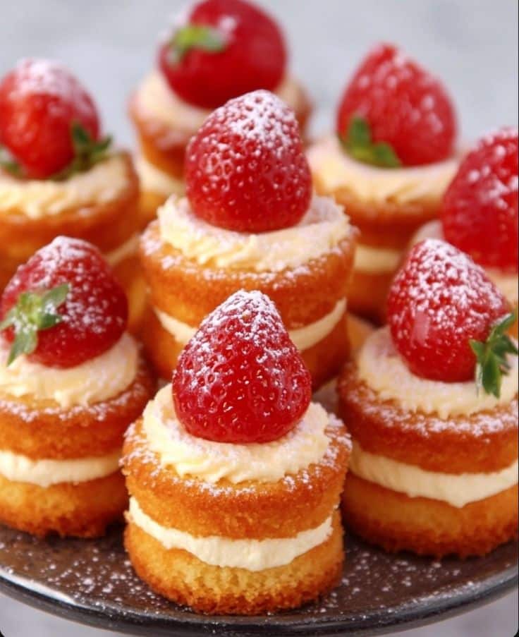 Mini sponge cakes topped with cream and fresh strawberries dusted with powdered sugar on a plate.