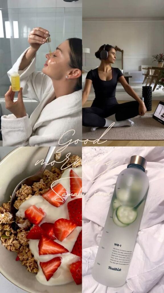 Skincare, yoga, healthy breakfast, and hydration routine for a refreshing morning start.