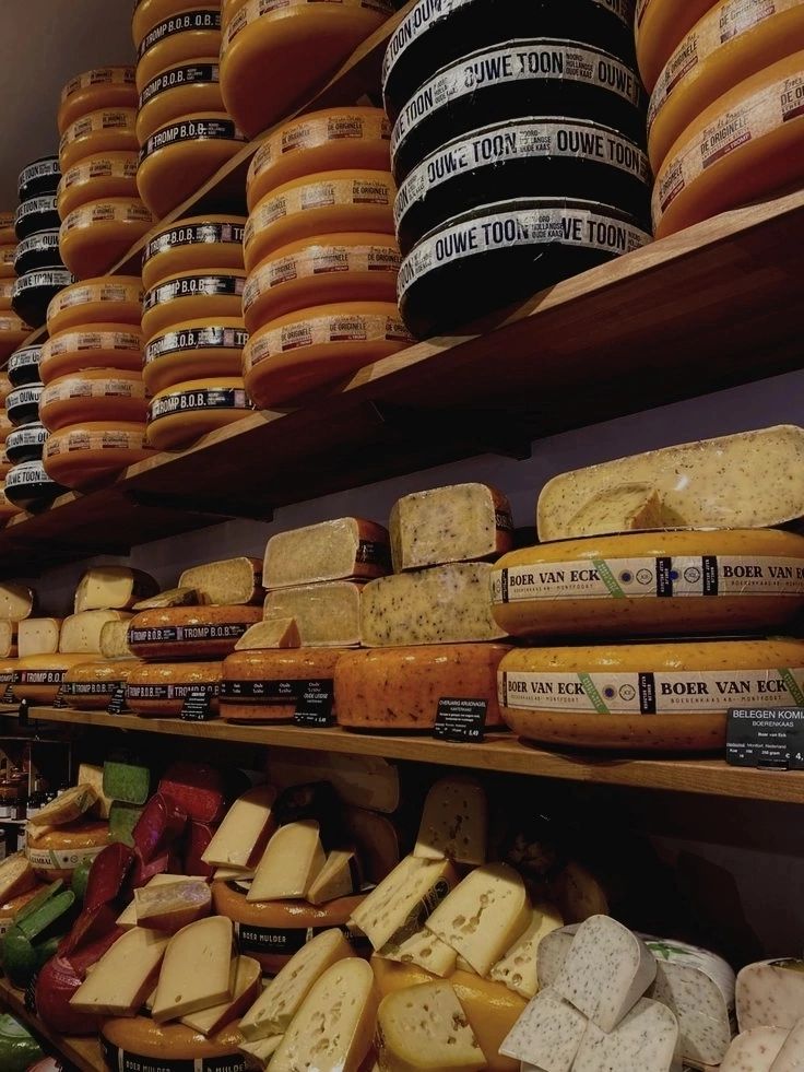 Assorted cheese wheels and slices displayed on shelves in a gourmet cheese shop.