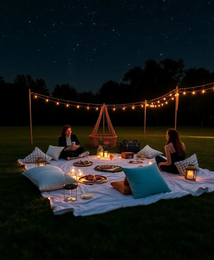 Romantic evening picnic under starry sky with cozy lights and food spread on a blanket in a serene park setting.