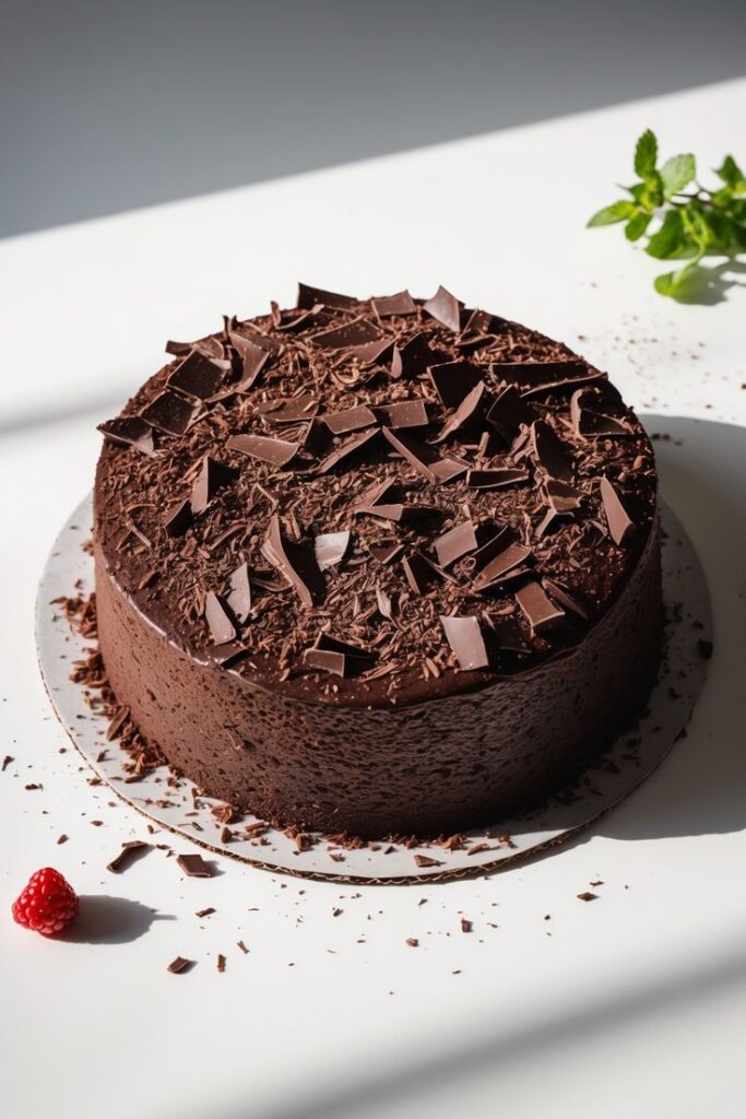 Rich chocolate cake with dark chocolate shavings, garnished with a single raspberry and mint sprig on a white table.