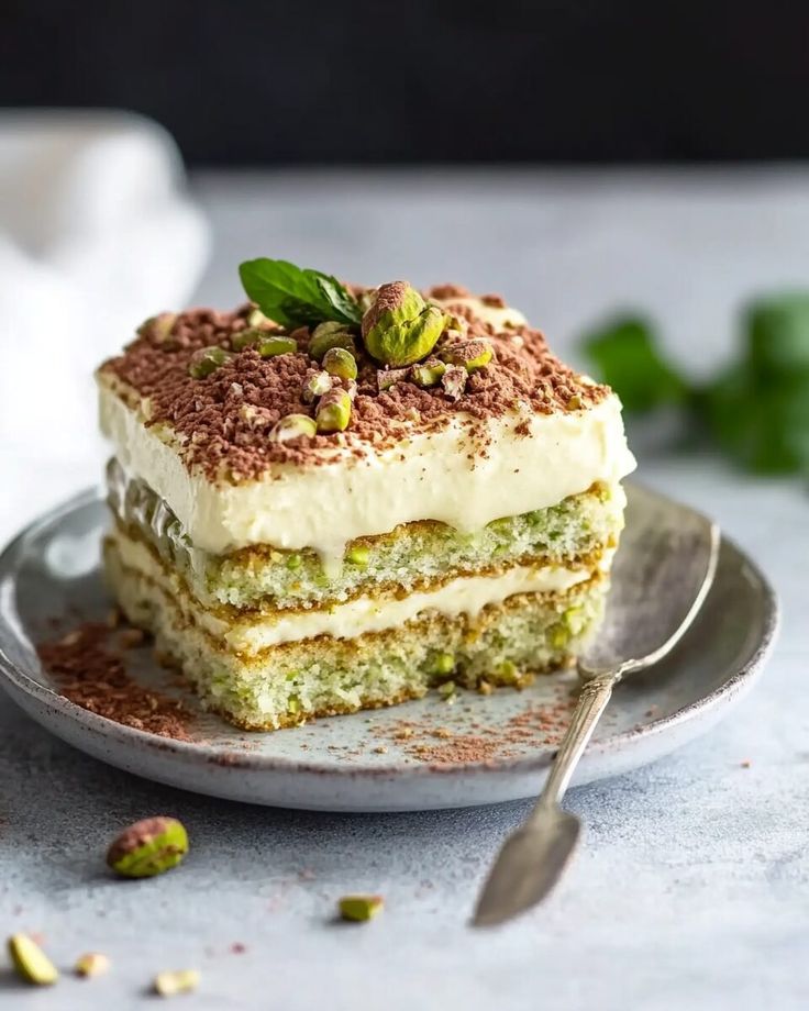 Delicious pistachio tiramisu slice garnished with cocoa and nuts on a plate with a spoon.