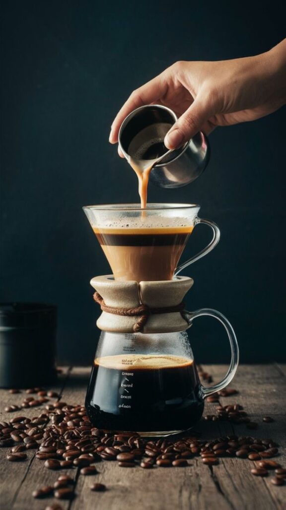 Hand pouring coffee into a Chemex with scattered coffee beans on a rustic wooden table background.