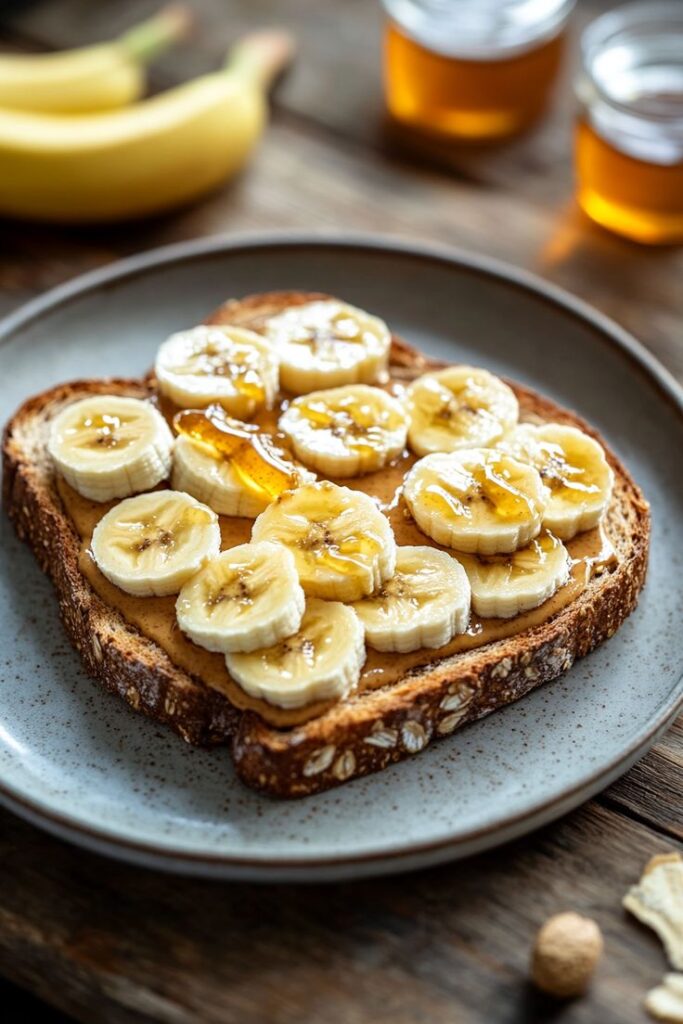 Whole grain toast topped with sliced bananas and honey drizzle on a plate.