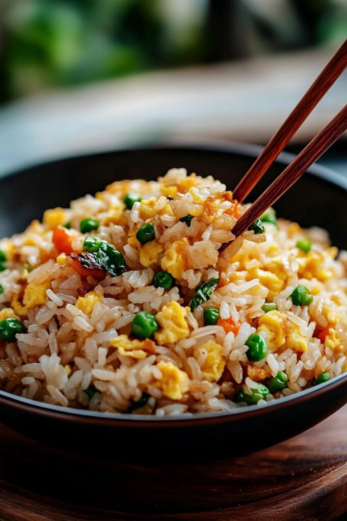 Delicious fried rice with vegetables and eggs in a dark bowl, served with chopsticks. Perfect Asian cuisine dish.