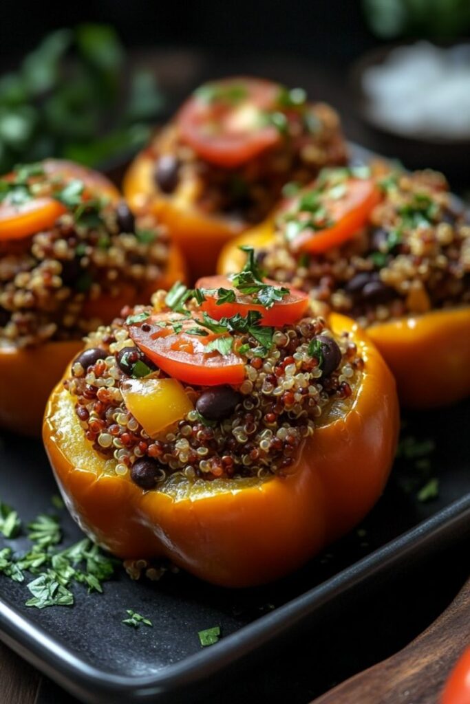 Stuffed bell peppers with quinoa, beans, and tomatoes, topped with fresh herbs on a black plate.