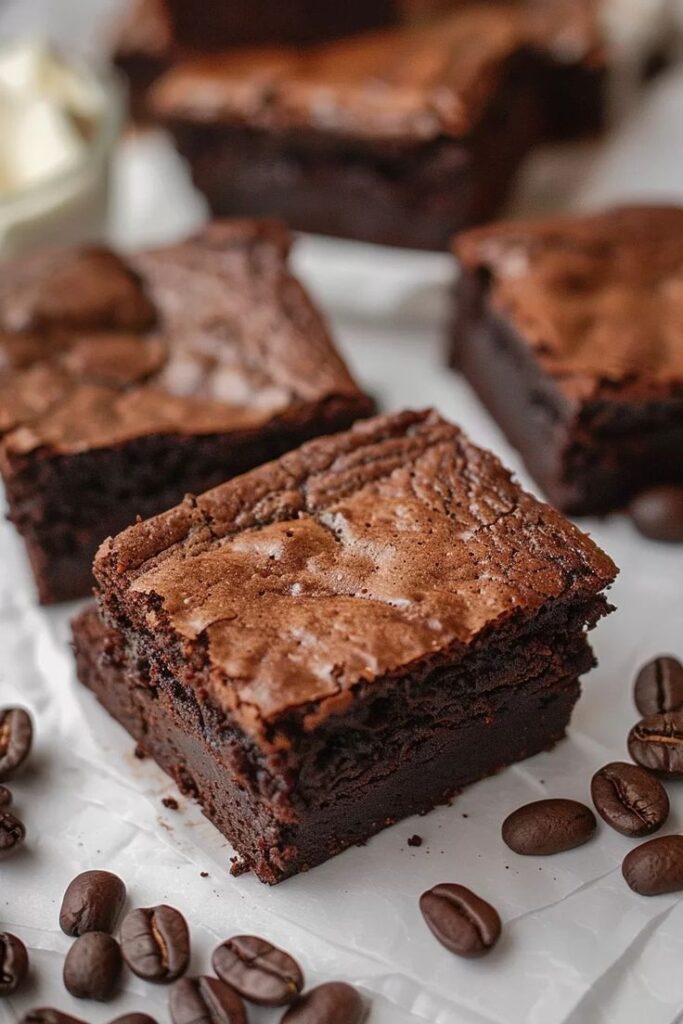 Rich, fudgy chocolate brownies on parchment paper surrounded by coffee beans, perfect for dessert lovers.