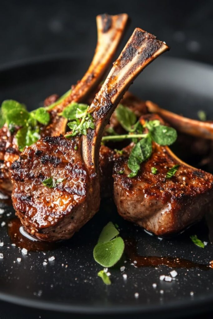 Grilled lamb chops garnished with fresh herbs on a black plate, perfect for a gourmet dinner.