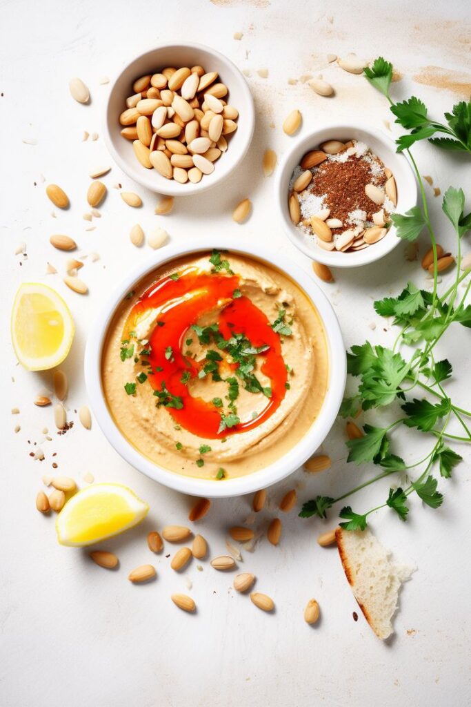 Creamy hummus garnished with herbs, surrounded by almonds, seeds, lemon wedges, and fresh parsley on a white background.