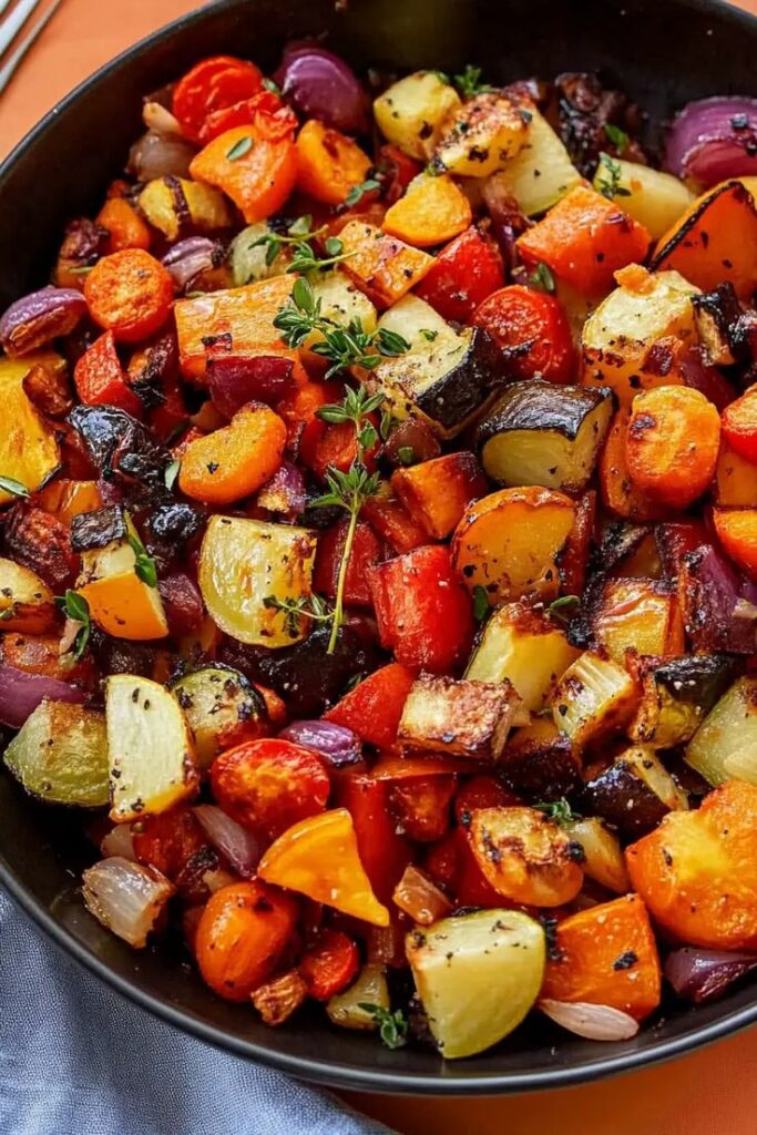 Colorful roasted vegetables in a bowl, garnished with fresh herbs for a healthy and delicious meal.