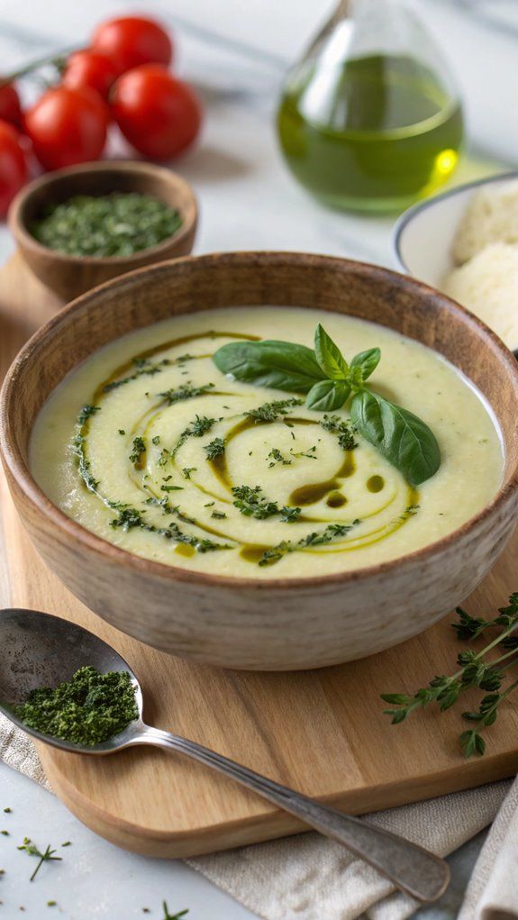 Creamy vegetable soup garnished with herbs and olive oil in a rustic bowl on a wooden board. Fresh ingredients nearby.