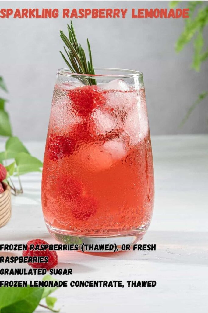 Glass of refreshing sparkling raspberry lemonade with ice and rosemary garnish.