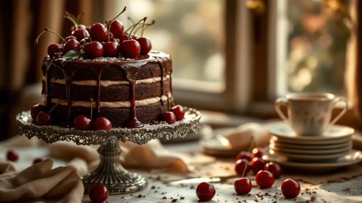 Luscious chocolate cake with cherries on a vintage stand by a sunny window, next to teacups and plates.