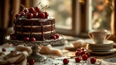 Luscious chocolate cake with cherries on a vintage stand by a sunny window, next to teacups and plates.