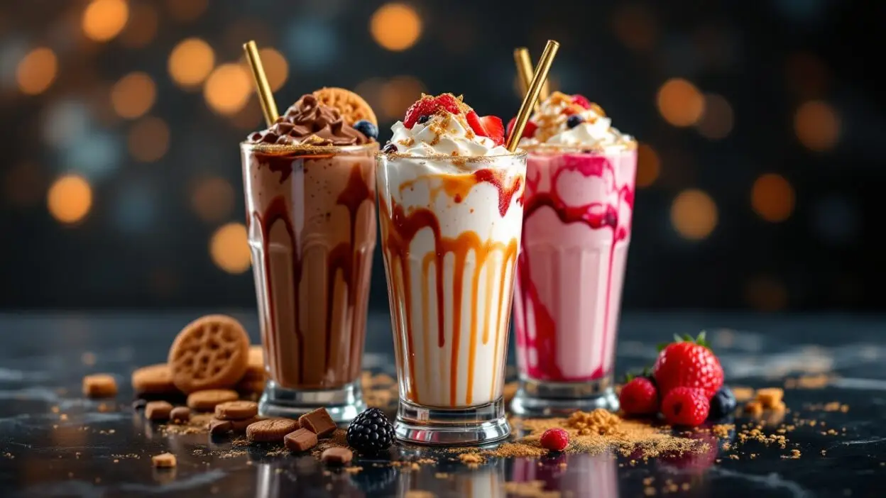 Three delicious milkshakes with whipped cream and berry toppings in tall glasses, surrounded by cookies and fresh fruit.
