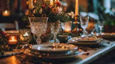 Elegant dinner table setting with candles, crystal glasses, and floral centerpiece, creating a warm, inviting ambiance.