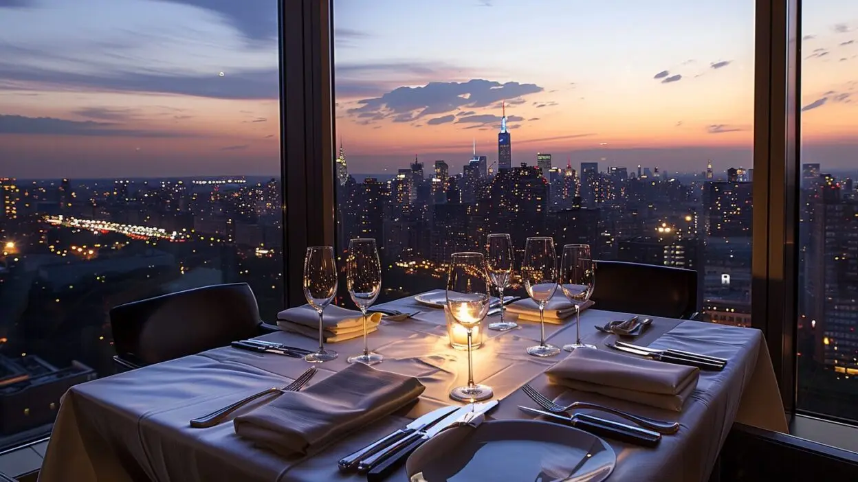 Elegant dining table with city skyline view at sunset through large window.