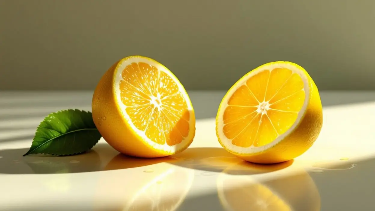 Freshly sliced orange halves with leaves on a sunlit surface, showcasing vibrant citrus colors.