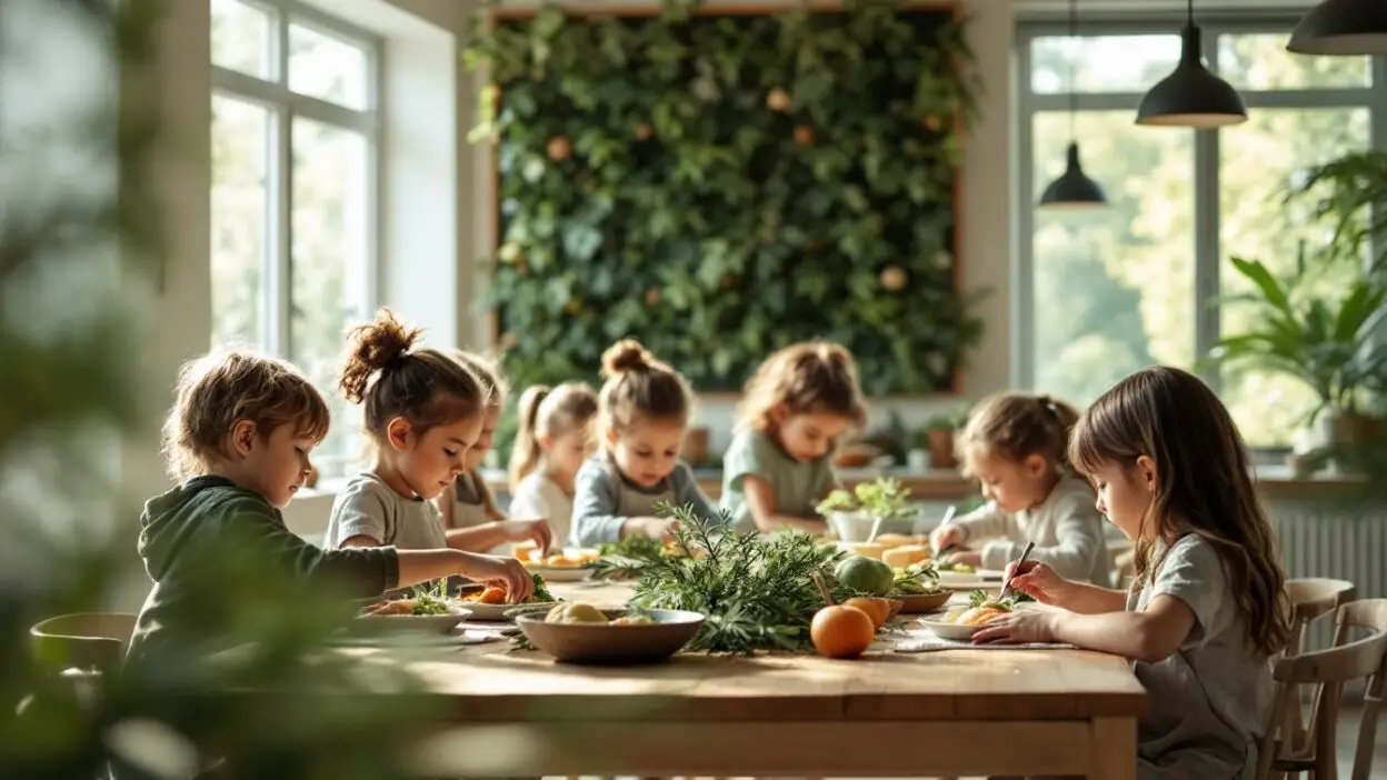 Children enjoying a meal at a table in a bright room with plants on the wall, promoting healthy eating and togetherness.