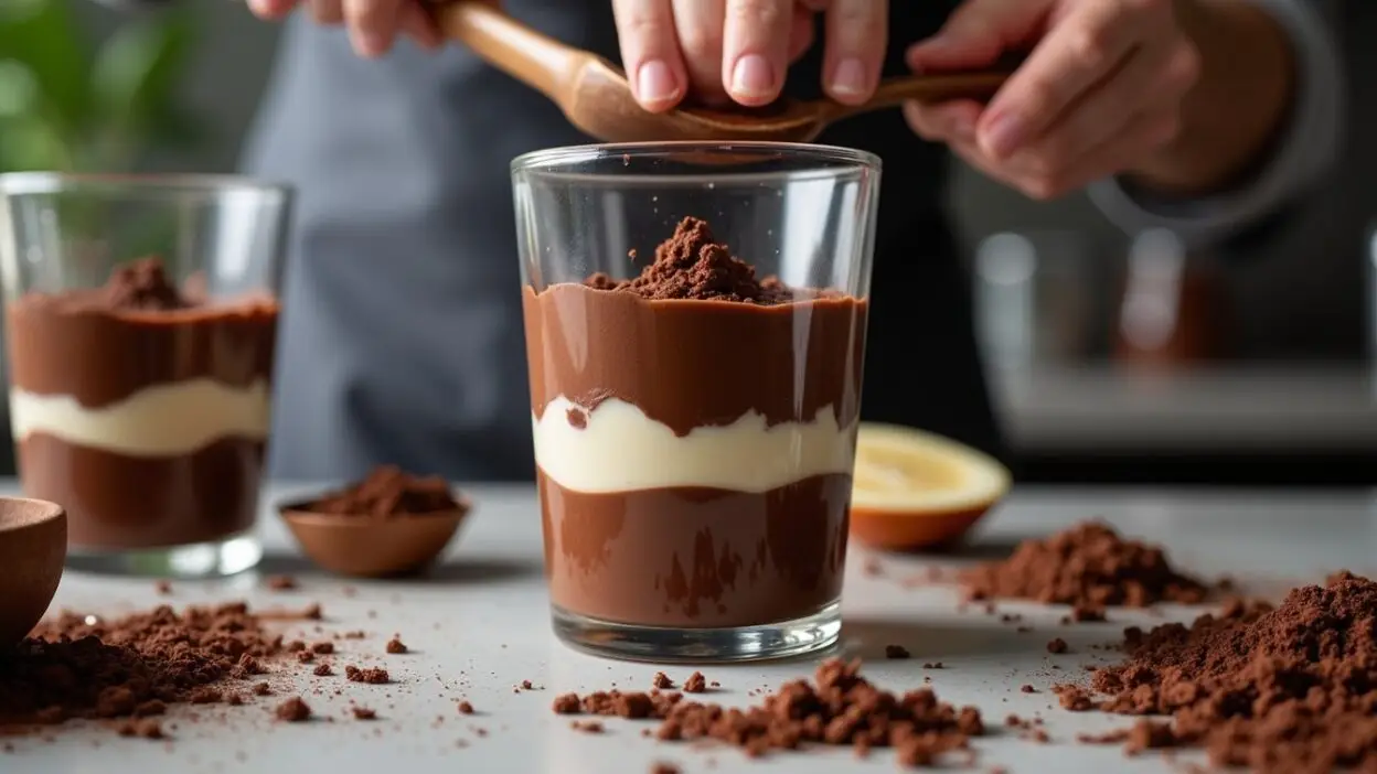 Layered chocolate and vanilla dessert in a glass, topped with cocoa powder, being prepared by hand.