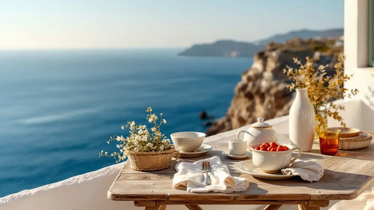 Breakfast table with flowers overlooking a coastal view, featuring coffee, tomatoes, and ocean backdrop.