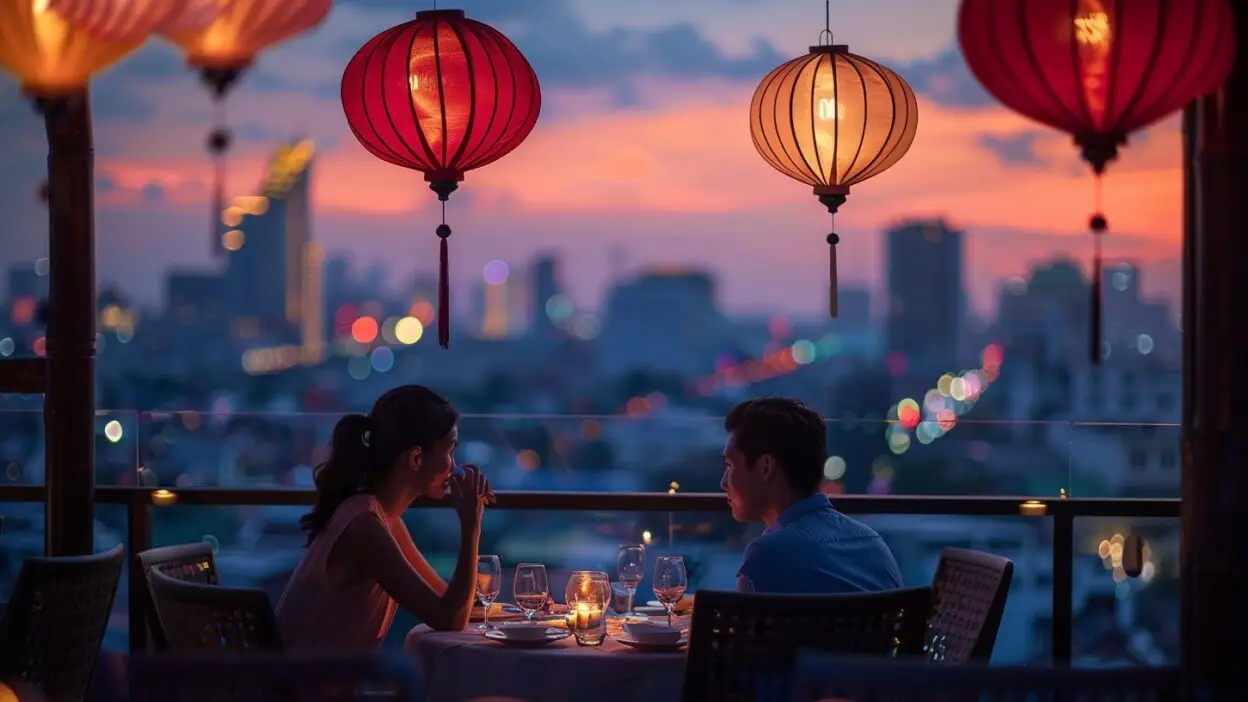 Romantic dinner on rooftop with lanterns and city skyline at sunset.